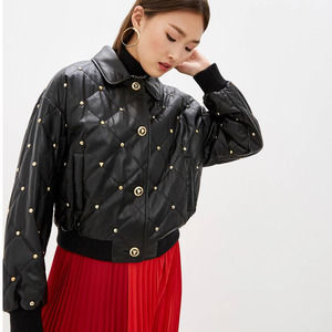 Escada Sport Lapearl Gold Panther Button Black Quilted Lamb Leather Jacket